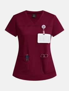 TaskEZ Solid Color V-Neck Short Sleeve Pocket Scrub Uniform Top - Multicolor - View 5