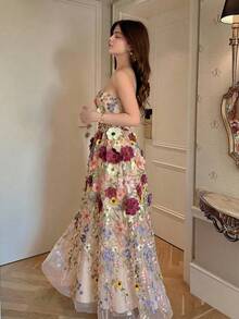 Selianne Mẫu đầm dạ hội màu tím thanh lịch, lãng mạn, không dây vai, thêu hoa, chất liệu lưới, eo dành cho nữ, thích hợp cho mùa xuân hè. - màu nâu - Xem 7