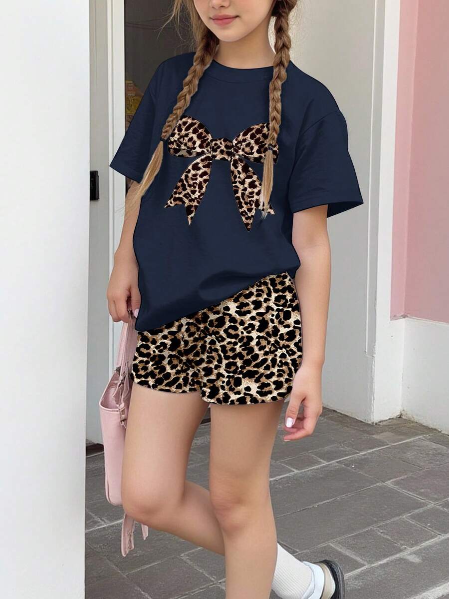 复古豹纹蝴蝶结,两件套少女休闲简约短袖圆领T恤和短裤套装,适合夏季穿着 - 彩色 - 查看 1