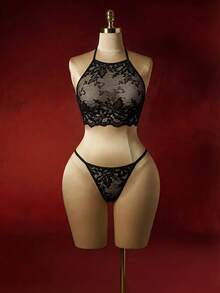 女士蕾丝性感宫廷风露背内衣套装 - 黑色 - 查看 1