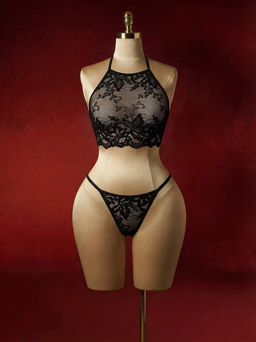 女士蕾丝性感宫廷风露背内衣套装 - 黑色 - 查看 1