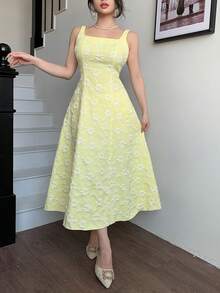 Modelyn Petite Elegant Yellow Jacquard Dress & Jacket Set For Outing - Yellow - View 3