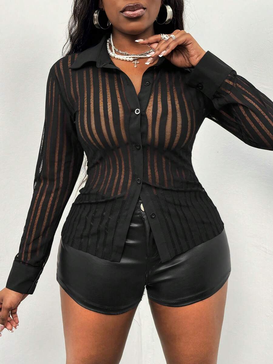 Glyssa Women's Black Striped Semi-Sheer Collared Button-Up Waist Cinching Casual Minimalist Sexy Alluring Sensual Valentine's Day Party Outfit Black Shirt - Black - View 1