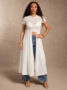 Vixey 透视纯色网纱短袖开衩下摆长款上衣 - 白色 - 查看 3