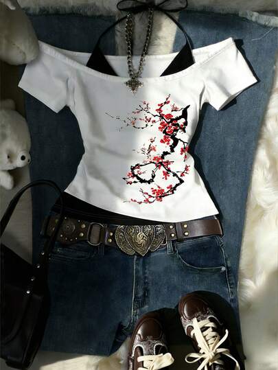 Glimmora Erik Çiçeği Desenli, Çin Tarzı Bluz, Grafik Bluz, Bağcıklı Tişört, 2'si 1 Arada Bluz, Yazlık Kıyafetler, Kadın Kombinleri, Kadın Bluz, Günlük Askılı Bluz, Trend Olanlar, Moda Bluzlar, Sokak Giyim Bluzları, Sokak Giyim Kadın, Y2K Bluzlar, Y2K Kıyafetler, Vintage Bluz