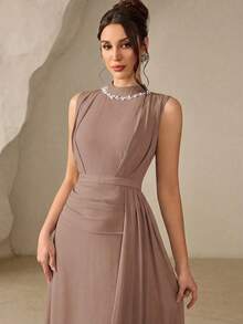 Coutiva 奢华晚礼服，亮片珍珠领，优雅高端正式晚宴礼服 - 卡其色 - 查看 5