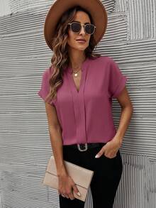 SHEIN Clasi Áo thun nữ cổ chữ V, màu trơn, kiểu dáng thường ngày, đa năng, tay ngắn. - Màu Hồng  Dưa hấu - Xem 5