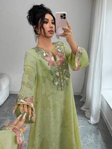 Yasmyna Đầm dài tay dáng rộng, thanh lịch, lãng mạn kiểu Thổ Nhĩ Kỳ - Ả Rập dành cho nữ, chất liệu chiffon jacquard. - màu xanh lá - Xem 3