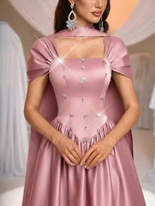 Aureia Đầm dạ hội sang trọng, quý phái màu hồng satin, đính kim cương thủ công, vai rộng, xếp ly, chân váy dài thướt tha, dành cho nữ. - Bụi hồng - Xem 3