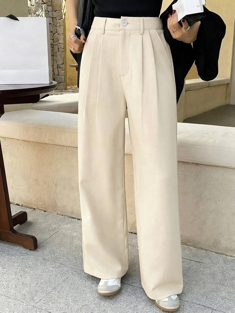 Women's Solid Color Pleated Loose Suit Pants, Spring & Summer