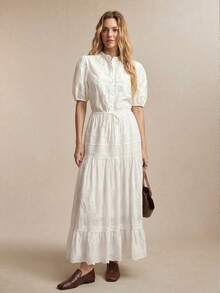 BizChic Falda acampanada nueva de primavera/verano con cintura elástica, cordón ajustable, lazo y parches de encaje bordado. Versátil para la oficina, el transporte, los negocios, ocasiones sociales y estilo Y2K - Blanco - Ver 3