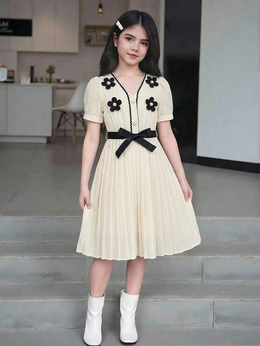 Elladie kids 青少年女孩短袖洋裝，夏季優雅派對黑色花卉3D花朵百褶裙，附黑色腰帶與波浪緞帶領口裝飾 - 杏色 - 查看 1