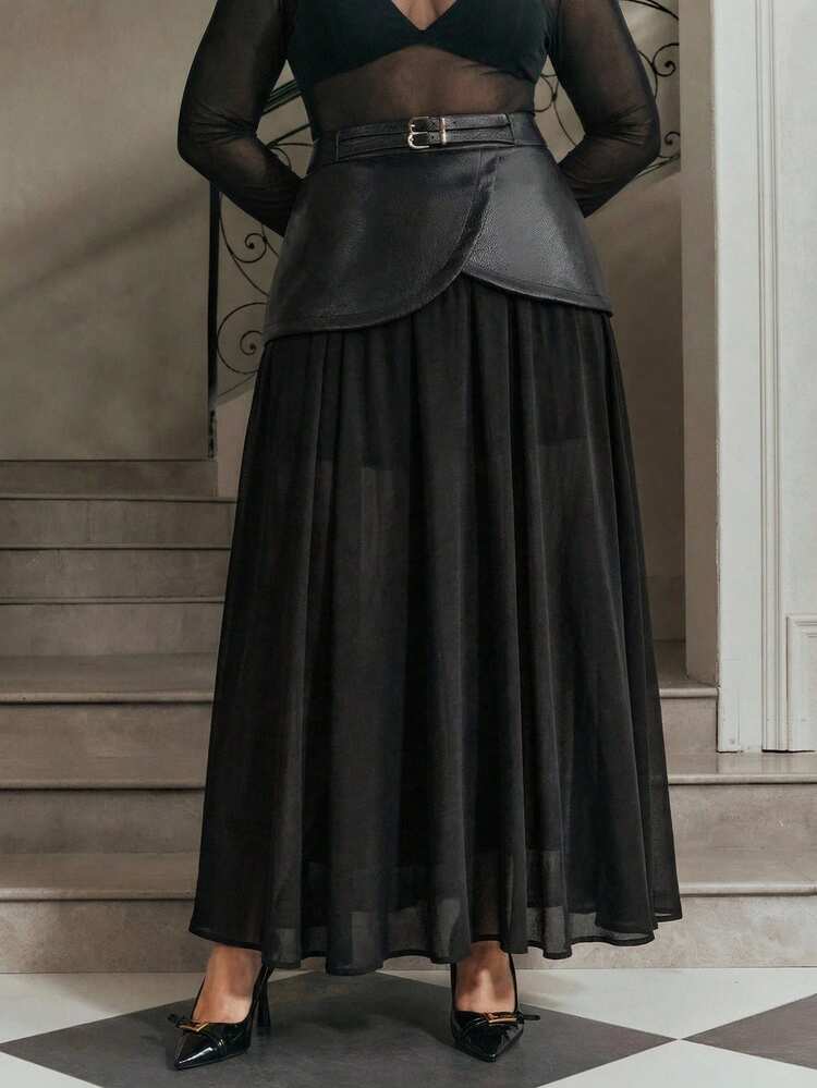 Modern Chic New Black High Waist Double Belt Chiffon Patchwork Long Casual Skirt, Plus Size For Women