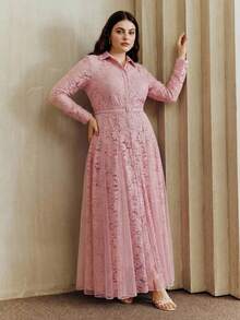 Anewsta New Elegant Chic Mesh & Contrast Lace Design Collar Long Sleeve Flared Dress, Suitable For Party, Wedding, Spring, Summer, Valentine's Day, Carnival - Pink - View 2
