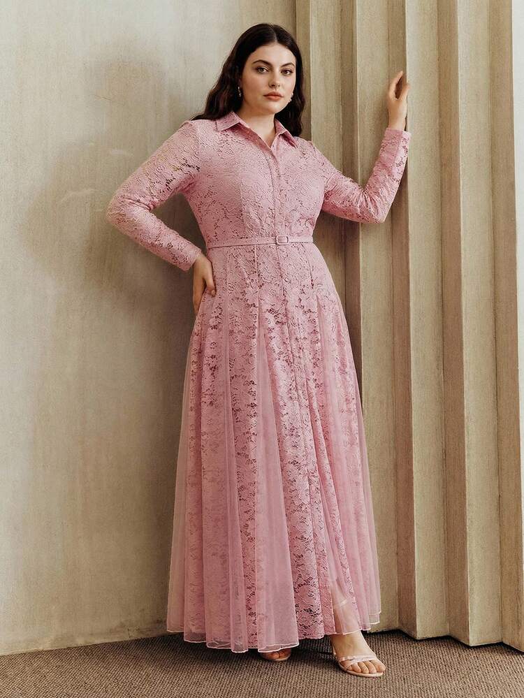 New Elegant Chic Mesh & Contrast Lace Design Collar Long Sleeve Flared Dress, Suitable For Party, Wedding, Spring, Summer, Elegant, Valentine's Day, Carnival