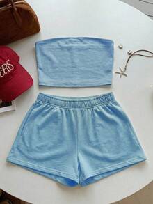Comfortcana 2pcs Women's Casual Solid Color Blue Top/Tank And Shorts Set, Spring/Summer - Blue - View 4