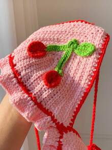 Comfortcana Women's Sexy Sweet Style Hand-Crocheted Halter Cherry Bikini Top With Tie Pom Pom Ruffle Hem Mini Skirt - Multicolor - View 7