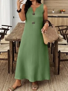 Breezaya 大码无袖纯色休闲连衣裙 - 綠色 - 查看 1