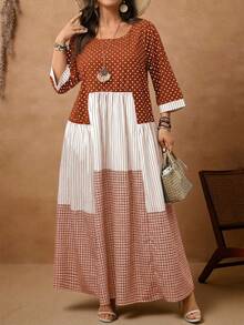 EMERY ROSE Plus Size Women's Casual Vacation Round Neck 3/4 Sleeve Polka Dot, Plaid & Striped Patchwork Long Dress, ,Summer/Vacation,Summer Holiday,Spring Break Outfits ,Vacation Outfits Women ,Holiday Outfits For Women,Going Out Outfits,2026 New Clothes,Simple And Fashionable For Everyday Wear,Suitable For Summer, Vacation, Daily Wear,Suitable For Summer, Vacation, Daily Wear,Dresses For Women,Flowy Dress ,Beach Outfits For Women,Casual Vacation Boho Dress,Summer Dresses, Country Women's Summer Dresses,Casual Dresses For Women,Country Concert Outfit,Brown Dress,Flowy Dress ,Beach Outfits For Women,Casual Vacation Boho Dress - Coral Orange - View 6