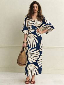 Rafferiza Vestido largo ajustado con cuello en V relajado, manga 3/4, diseño envolvente con estampado de agua, estilo elegante de vacaciones de primavera/verano 2026 para mujeres - Azul - Ver 1