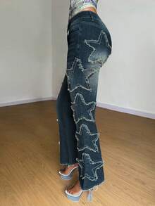 StreetHx Women's Frayed Star Pocket Flare Leg Casual Jeans - Blue - View 4