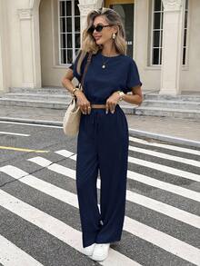 Serisse Batwing Sleeve Crop Top & Drawstring Waist Pants Textured Fabric Two Pieces - Navy Blue - View 3