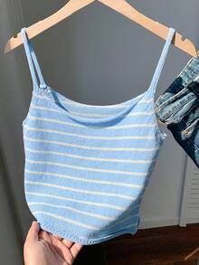 Comfortcana 女士条纹宽松休闲吊带针织上衣 - 藍色 - 查看 7