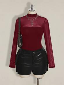 SHEIN ICON Mono de malla con parches sexy de talla grande Y2K - Burdeos - Ver 1