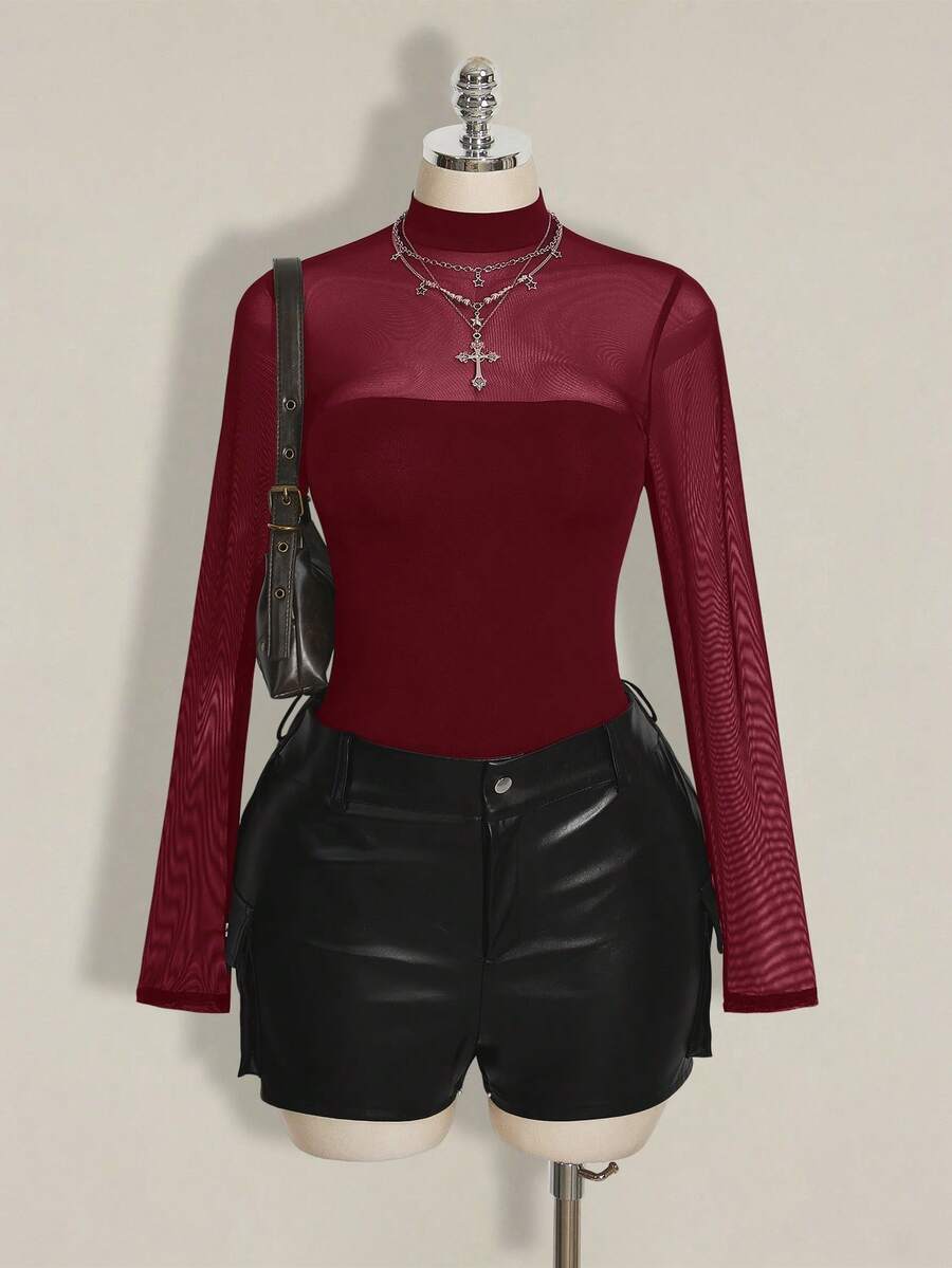 SHEIN ICON Mono de malla con parches sexy de talla grande Y2K - Burdeos - Ver 1