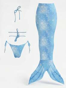 Swim SXY 新款美人鱼泳衣套装，蓝色渐变鱼鳞印花挂脖比基尼配美人鱼尾裙 - 彩色 - 查看 3
