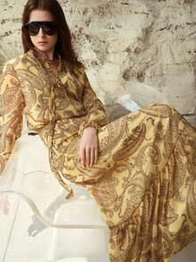 MOTF PREMIUM 佩斯利印花度假风长袖连衣裙，春夏款 - 黃色 - 查看 5