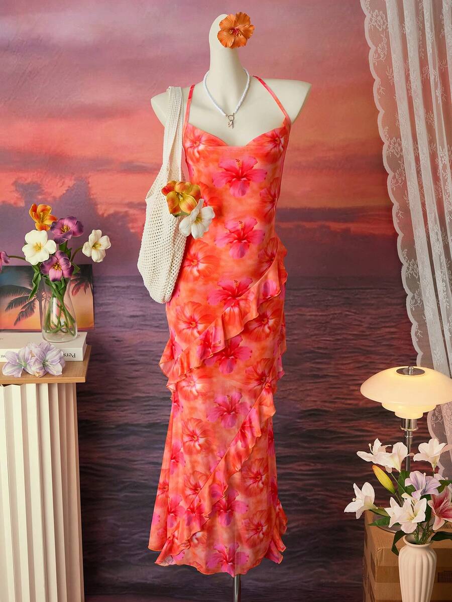 Bellisia Đầm nữ mùa hè đi biển in hoa, xếp lớp, bèo nhún, lưng chéo. - trái cam - Xem 1