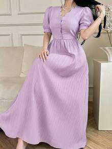 Feyla Gaun Lengan Pendek Kasual Minimalis Warna Polos untuk Wanita - Mauve Purple - View 4