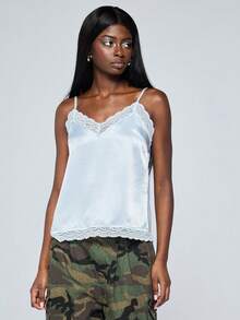 COUREZ 缎面蕾丝吊带背心 /Y2K 春季女装蓝色无袖吊带背心可爱外出夏季节日夏季上衣 - 藍色 - 查看 2