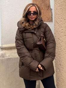 Jeta Ari 女士休闲时尚可调节腰部绗缝中长连衣裙加厚保暖聚酯纤维合成保暖冬季外套冬季夹克外套冬装 - 咖啡棕 - 查看 5