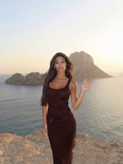 Ronhire Glamine Elegant Winter Chocolate Brown Metal Accessories Fake Belt Design Sexy Charm Ladies Autumn And Winter Retro Fashion Christmas Party Dress Brown Bodycon Dress Long Brown Dress Brown Knit Dress Brown Midi Dress Brown Tank Dress