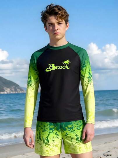 Bộ đồ bơi cho bé trai tuổi teen, áo dài tay in hình trò chơi điện tử + quần short co giãn, đồ bơi mùa hè đi biển lướt sóng.