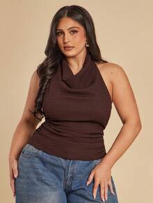 SHEIN BAE Plus Size Women's Brown Solid Textured Knit Halter Neck Slim Fit Pleated Backless Top,Elegant Autumn Night Out Club Tight-Fitting Y2k Party Tops - Brown - View 7