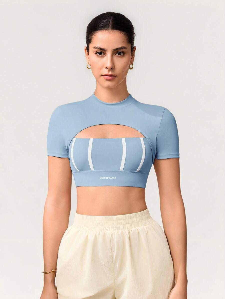 Activina Camiseta deportiva de manga corta casual con contraste de color para mujer - Celeste - Ver 1