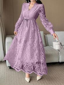 DAZY Women's Elegant Lace Collar Belted Mid-Length Dress, Spring/Summer - Pink - View 4