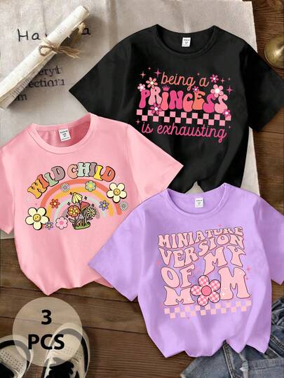 3pcs Young Girl Casual Tops, Spring Summer Autumn, Fashion Creative Personalized Fresh Cute Cartoon Flower Rainbow Star Plaid Pattern Letter Graphic Print Tees, Black Pink Purple 3-Piece Set, Comfortable Daily Wear, Cozy Summer Styles Suitable For Young Girl