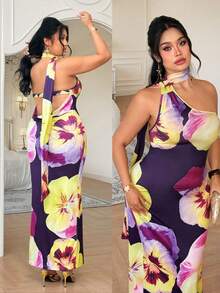 Celure Vestido con estampado sin espalda de talla grande - Morado - Ver 1