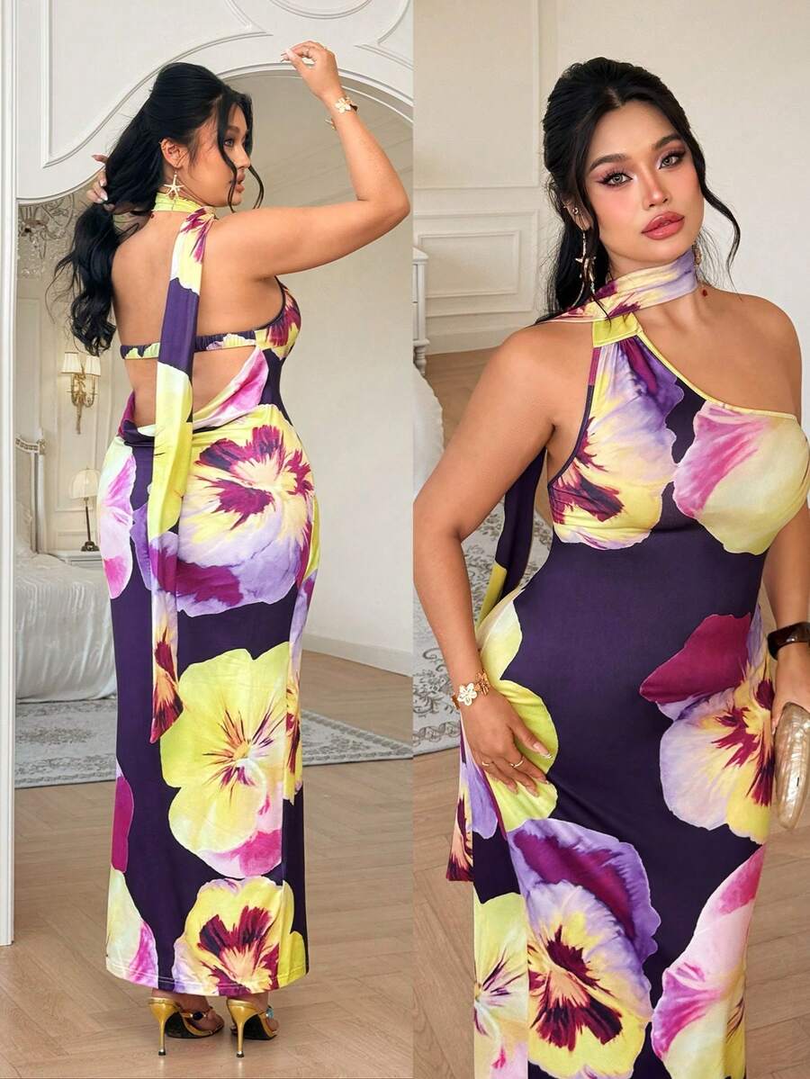 Celure Vestido con estampado sin espalda de talla grande - Morado - Ver 1