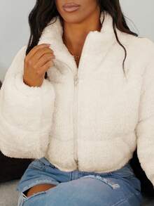 SAYEHFBABY Women Casual Solid Color Faux Shearling Cropped Puffer Jacket, Winter - Beige - View 4