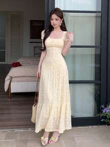 DAZY 春夏蕾丝连衣裙，优雅迷人，适合情人节、婚礼、派对、宴会、时尚活动等场合。收腰设计，修身剪裁，透视网纱，鱼尾裙摆，短袖中长连衣裙，女士太阳裙 - 米色 - 查看 8