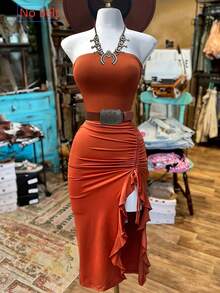 NostaNoir 女士时尚纯色无袖抽绳开衩中长抹胸连衣裙 - 橘色 - 查看 1
