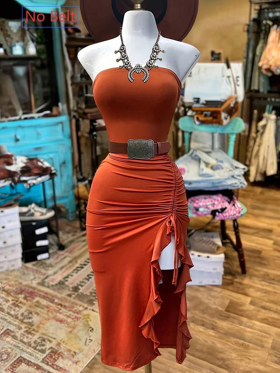 NostaNoir 女士时尚纯色无袖抽绳开衩中长抹胸连衣裙 - 橘色 - 查看 1