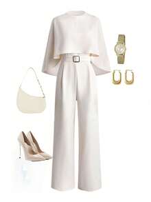 SHEIN Tall Women's Summer French Elegant Elegant Design Round Neck Shawl Collar Metal Buckle Waist Belt Slimming High Waist Casual Apricot Jumpsuit, Tall Women - Apricot - View 3