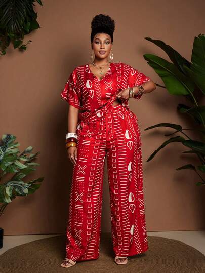 Maweii Plus Size V-Neck Fashionable Printed Short Sleeve Cinched Waist Loose Pants 2 Pieces Set