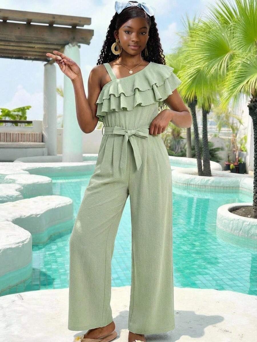 SHEIN 少女绿色斜肩连体裤，纹理面料，收腰设计，多层领口，度假连体裤 - 綠色 - 查看 1